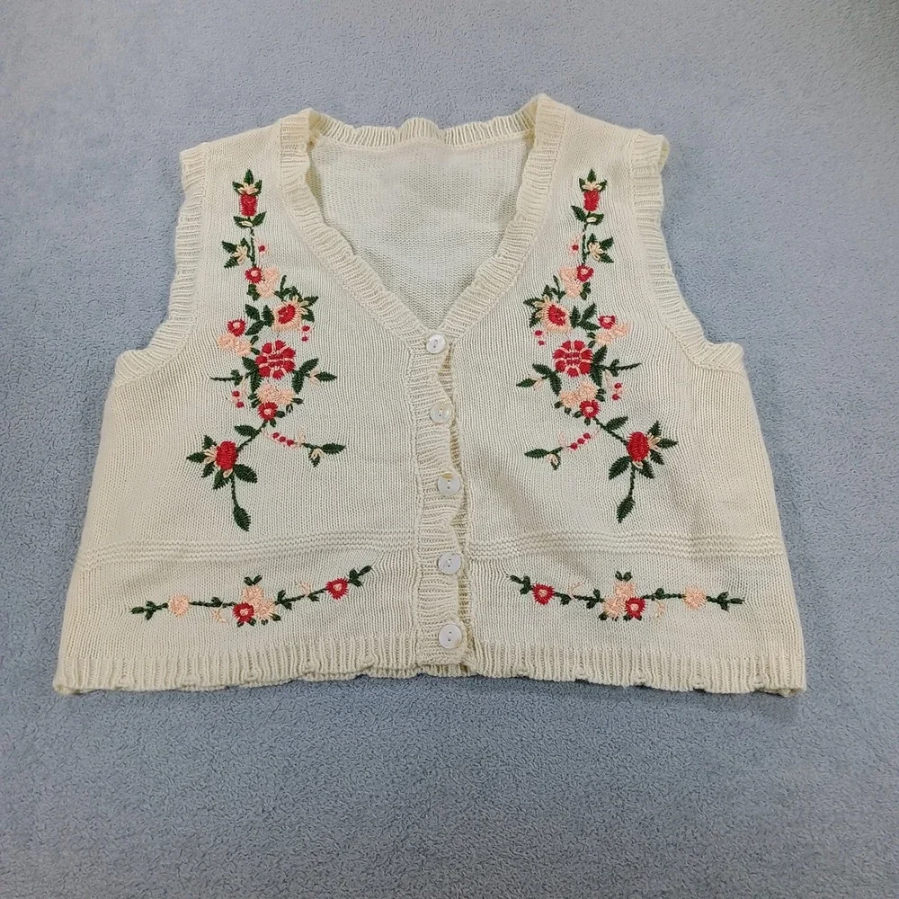 Womens Floral Embroidered Button Front Knit Vest Cream Medium Boho